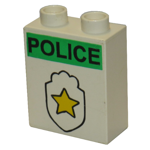 Lego Duplo Brick 1 x 2 x 2 with Star Badge and 'POLICE' Print / White