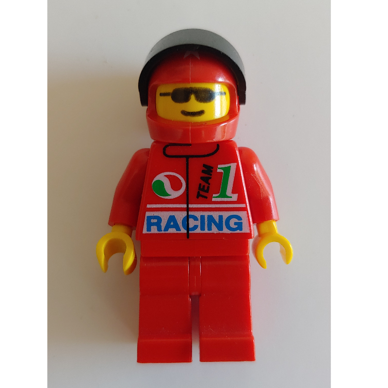 Lego Racer, Red Jacket with Octan Logo and 'RACING', Red Legs, Red Helmet with Black Visor, Sunglasses
