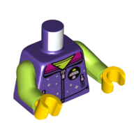 Lego Torso, Jacket with Zipper, UFO Logo, Dark Pink Collar, Lime Vest print, Lime Arms, Yellow Hands / Dark Purple