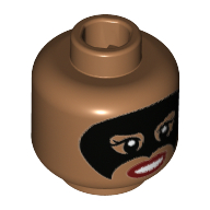 Lego Minifig Head Batgirl, Black Eye Mask, Red Lips, Smile / Scowl Print / Medium Nougat