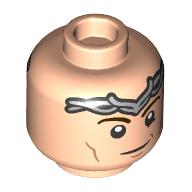 Lego Minifig Head Elrond, Silver Tiara/Crown, Dark Brown Eyebrows, Cheeklines, Stern Smirk/Smile print / Light Nougat