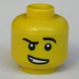 Minifig Head Fencer, Eyebrows, Raised Left Eyebrow, White Pupils, Crooked Open Smile with Teeth Print [Hollow Stud] / Yellow