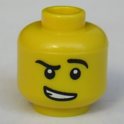 Lego Minifig Head Fencer, Eyebrows, Raised Left Eyebrow, White Pupils, Crooked Open Smile with Teeth Print [Hollow Stud] / Yellow
