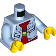 Lego Torso Jacket, Denim with Pockets, Open over Red Undershirt with Blue, Yellow, and Green Stripe Print, Bright Light Blue Arms, Yellow Hands / Bright Light Blue