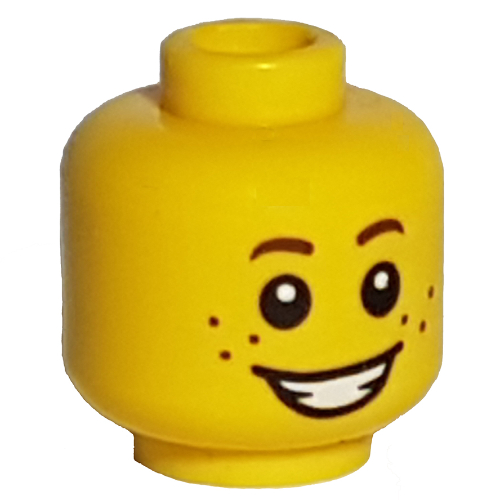 Lego Minifig Head, Brown Eyebrows, Freckles, Smile Open Mouth / Yellow