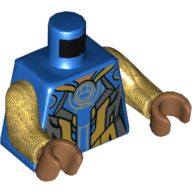 Lego Torso Armor, Dark Bluish Gray and Pearl Gold Panels, Circles Print, Pearl Gold Arms, Medium Nougat Hands / Blue