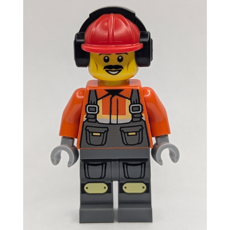 Lego Construction Worker, Dark Orange Shirt, Dark Bluish Gray Legs, Red Hard Hat with Ear Protection