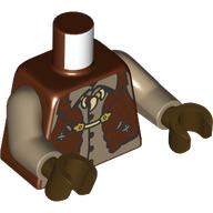 Lego Torso, Dark Tan Shirt, Necklace with Fangs, Reddish Brown Torn Hide Jacket print, Dark Tan Arms, Dark Brown Hands / Reddish Brown