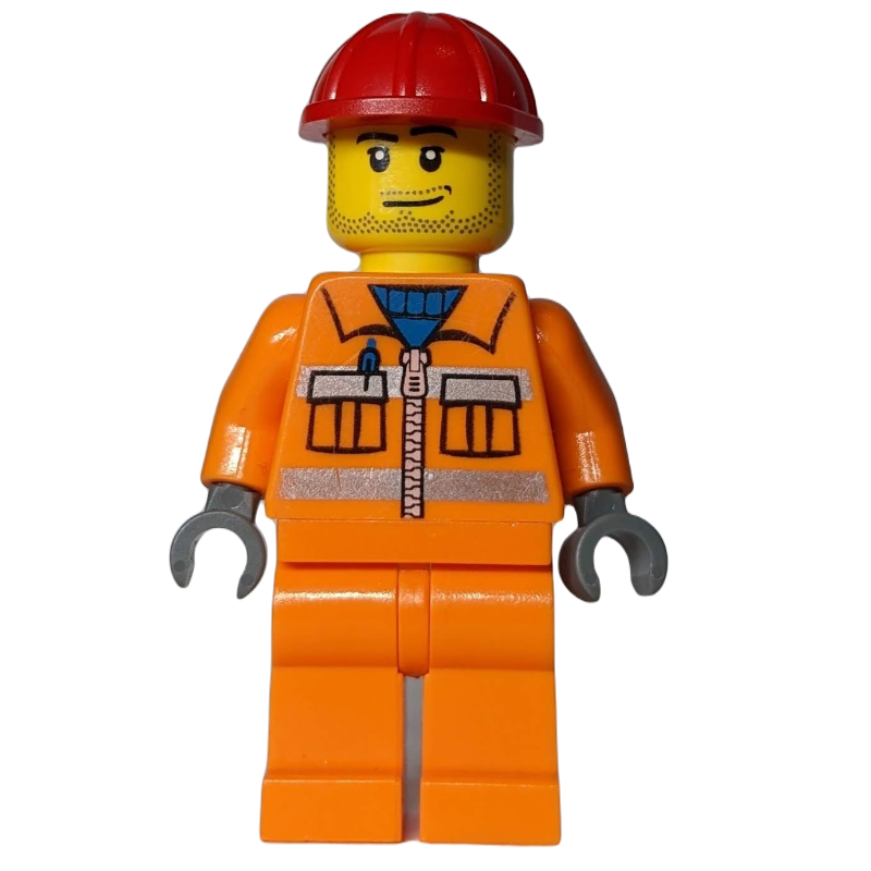 Lego Construction Worker, Orange Jacket with Zipper and Reflective Stripes, Orange Legs, Red Hard Hat, Stubble
