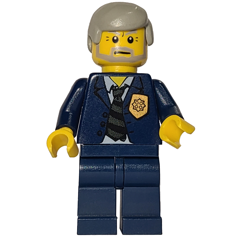 Lego Policeman, Dark Blue Suit with Tie and Badge, Light Gray Hair, Beard