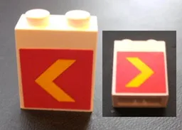 Brick 1 x 2 x 2 with Inside Axle Holder with Yellow Chevron on Red Background Pattern on Both Sides (Stickers) - Set 1255
