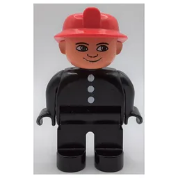 Duplo Figure, Early, Fire Helmet Red, Black Legs, White Buttons Print / Black
