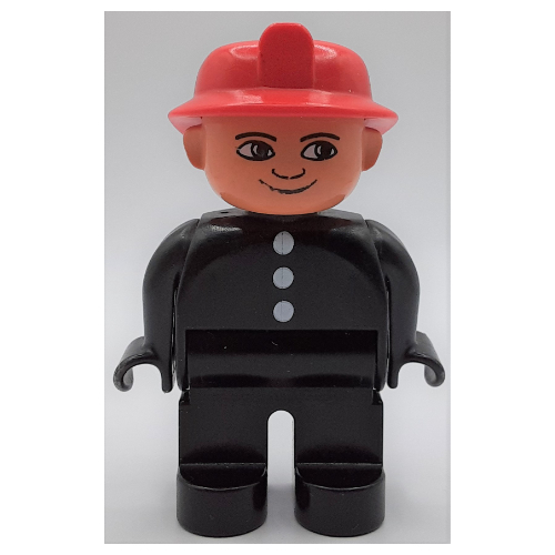 Lego Duplo Figure, Early, Fire Helmet Red, Black Legs, White Buttons Print / Black