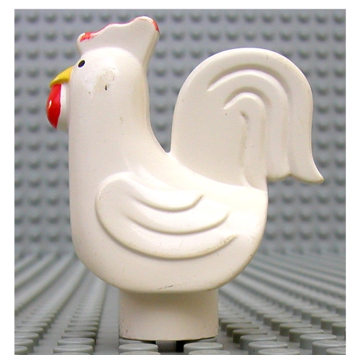 Lego Duplo Animal Chicken / Rooster, Large Tail, Lobe Comb, with Stud Holder on Bottom, without Base / White
