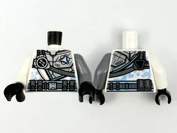 Torso Armor Silver with Ninjago Logogram Letter Z, Dark Bluish Gray Strap and Utility Belt Pattern / Flat Silver Arm Left / White Arm Right / Black Hands