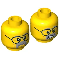 Minifig Head Pa Cop / Professor Brainstein, Glasses, Gray Moustache and Eyebrows, Cheek Lines, Mouth Closed / Clenched Teeth Print / Yellow