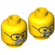 Lego Minifig Head Pa Cop / Professor Brainstein, Glasses, Gray Moustache and Eyebrows, Cheek Lines, Mouth Closed / Clenched Teeth Print / Yellow