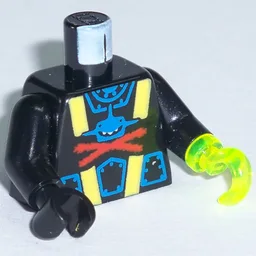 Torso, Wetsuit with Blue Shark with Red X Print, Black Arms, Black Hand Right, Trans-Neon Green Hook Left / Black