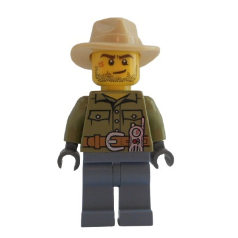 Lego Volcano Explorer, Male, Olive Green Torso, Sand Blue Legs, Tan Hat