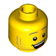Lego Minifig Head Hiker, Dark Tan Eyebrows and Stubble Beard, Open Smile / Raised Left Eyebrow, Lost Print / Yellow
