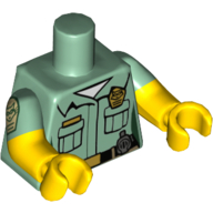 Lego Torso, Dual Molded Arms, Shirt, Pockets, Badge, Black Belt, Radio Print, Sand Green Sleeves Pattern, Yellow Arms and Hands / Sand Green
