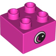 Lego Duplo Brick 2 x 2 with Eye with White Spot and Varied Color Curve inside a Black Circle Print on Both Sides / Dark Pink