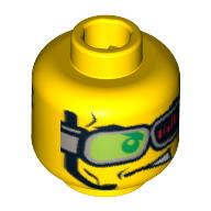 Lego Minifig Head Daredevil, Dual Sided, Headset and Green Glasses with Red Bars, Glasses Down / Glasses Up and Mouth Open Print [Blocked Open Stud] / Yellow