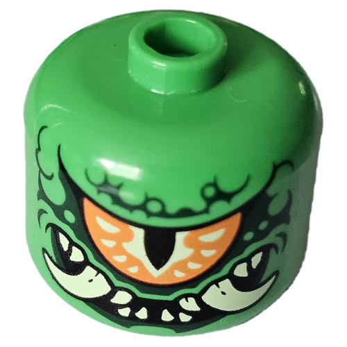 Lego BigFig Head Mutation Monster, Orange/Bright Light Yellow Cyclops Eye, Dark Green Markings, Tan Fangs, Teeth print / Bright Green