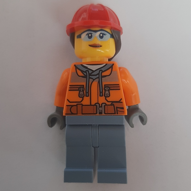 Lego Construction Worker, Orange Safety Jacket, Sand Blue Legs, Red Hard Hat with Ponytail