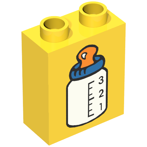Lego Duplo Brick 1 x 2 x 2 with Baby Bottle Blue Top Print / Yellow