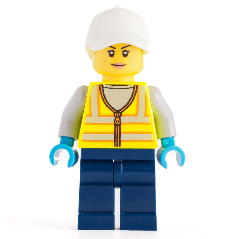 Lego Woman, Vibrant Yellow Safety Vest, White Cap