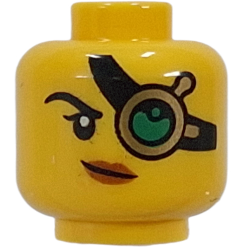 Lego Minifig Head Monster Hunter, Gold Monocle, Black Strap, Green Lens, Peach Lips, Smirk / Open Mouth Smile / Yellow