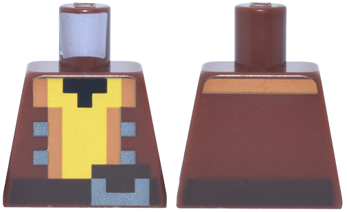 Lego Torso Pixelated Jacket Open, Medium Nougat Trim, Dark Silver Buttons, Yellow Shirt, Dark Brown Belt, Black Neck Pattern