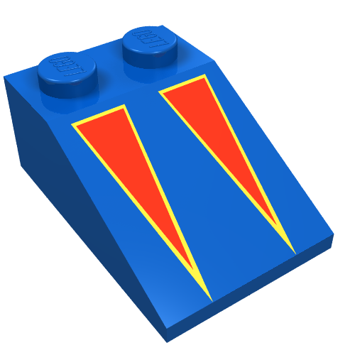 Lego Brick Sloped 33° 3 x 2 with Red on Yellow Triangles Print / Blue