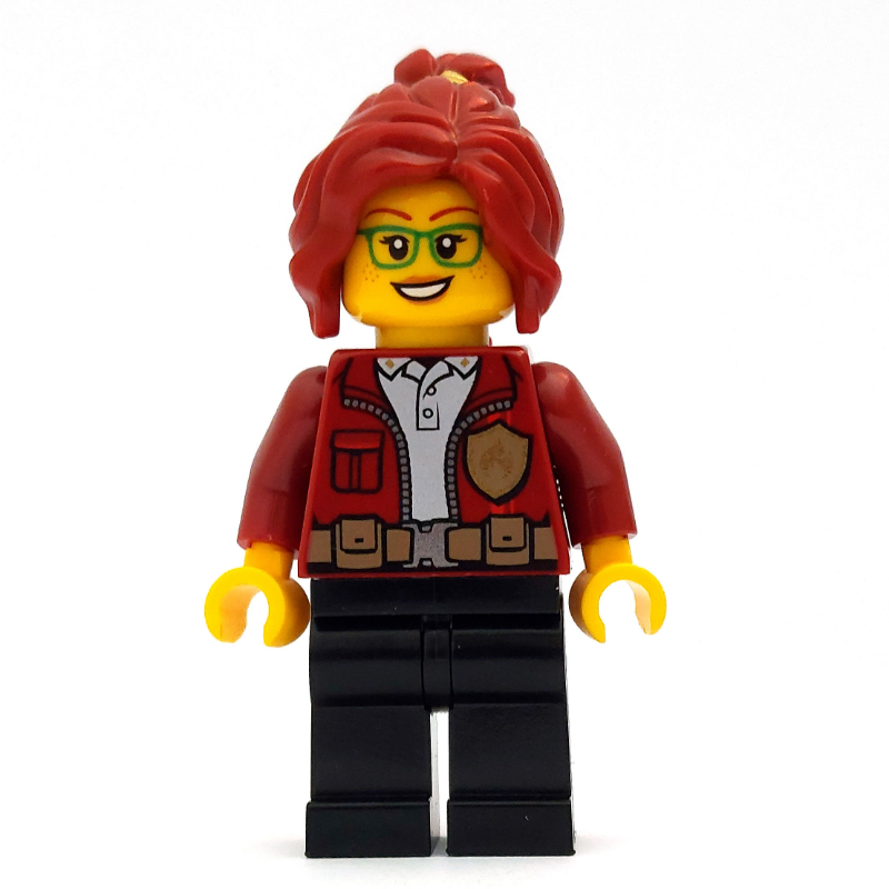 Lego Freya McCloud, Open Dark Red Jacket with Badge, Dark Red Hair