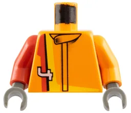 Torso Racing Suit with Red and Yellow Stripes, White Number 4 Pattern / Orange Arm Left / Red Arm Right / Dark Gray Hands