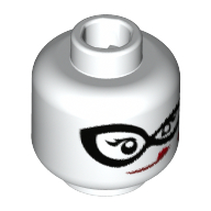 Lego Minifig Head Harley Quinn, Dual Sided, Black Eyemask, Red Lips, Wink / Licking Lips Print [Hollow Stud] / White