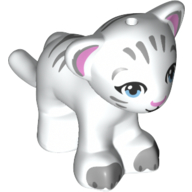 Lego Animal, Big Cat Cub, Tiger with Bright Light Blue Eyes and Bright Pink Nose, Light Bluish Gray Markings Print / White