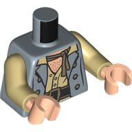 Lego Torso, Jacket, Buttons, Tan Shirt, Dark Brown Belt, Dark Tan Scarf, Light Nougat Chest print, Tan Arms, Light Nougat Hands / Sand Blue
