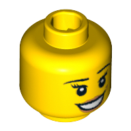 Lego Minifig Head Team GB, Peach Lips and Dimple, Open Mouth Smile, Thin Eyebrows, Eyelashes and White Pupils Print [Blocked Open Stud] / Yellow