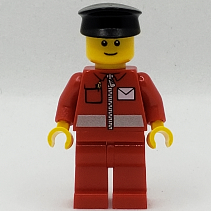 Lego Postal Worker, Red Jacket with Zipper and Letter Logo, Red Legs, Black Cap, Reddish Brown Eyebrows