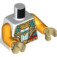 Lego Torso Armor, Gold and Dark Turquoise Decorations print, Bright Light Orange Arms, Tan Hands / White