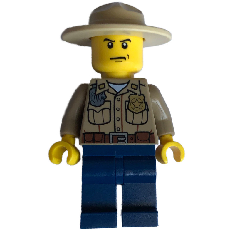 Lego Forest Police / Ranger, Dark Tan Shirt with Radio and Badge, Dark Blue Legs, Tan Campaign Hat, Stern