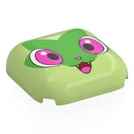 Brick Round, Curved 4 x 4 with Sprigatito Face, Dark Pink Eyes, Open Mouth, Green Leave Print / Yellowish Green