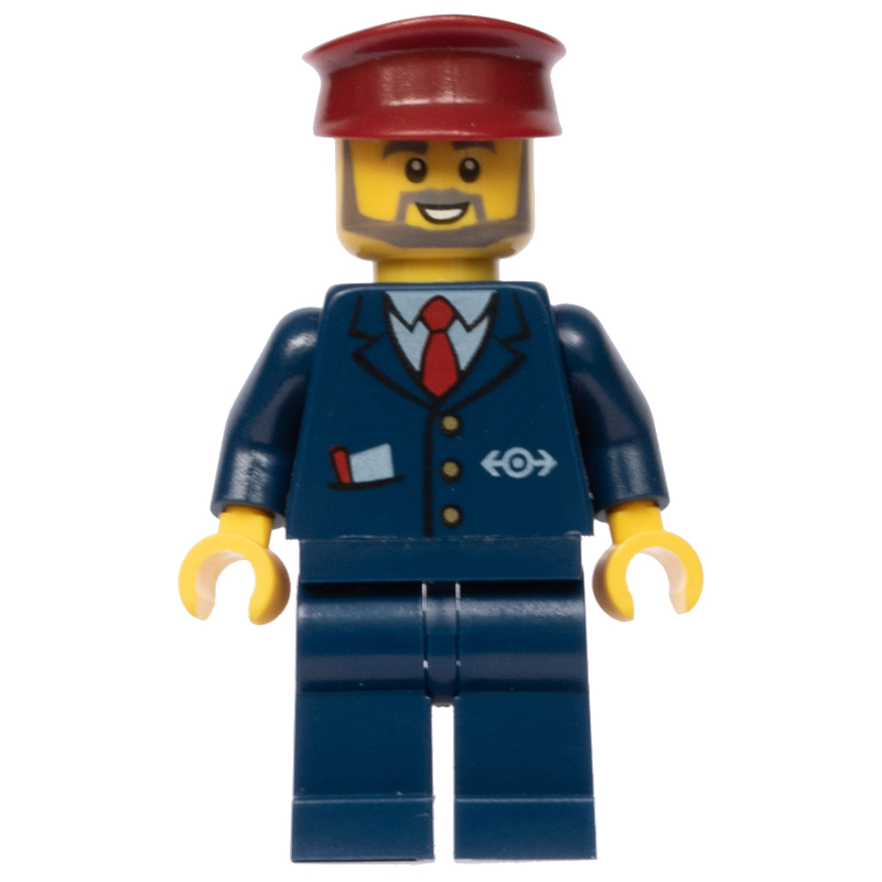 Lego Conductor - Dark Blue Jacket, Dark Blue Legs, Dark Red Hat, Glasses, Beard