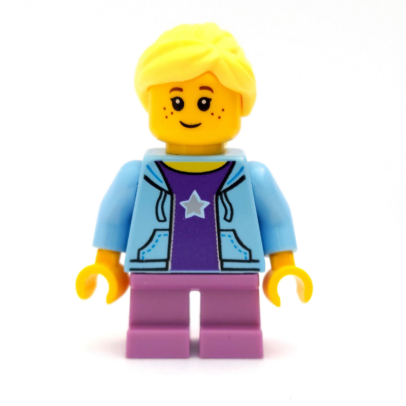 Lego Girl, Open Bright Light Blue Hoodie over Dark Purple Shirt with Star, Short Medium Lavender Legs, Bright Light Yellow Hair