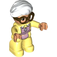 Duplo Figure with Hair Swept Right White, with Bright Light Yellow Legs, Pink Apron Print and Brown Glasses / Bright Light Yellow