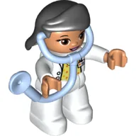 Duplo Figure with Hair Swept Right Black, White Legs, White Top with ID Badge, White Arms, Attached Stethoscope (Medic) / White
