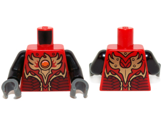 Lego Torso Vest with Dark Red and Gold Armor with Scales and Orange Round Jewel (Fire Chi) Pattern / Black Arms / Dark Bluish Gray Hands