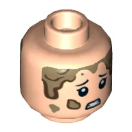 Minifig Head Lex Murphy, Eyelashes, Mud, Scared / Smile Print / Light Nougat